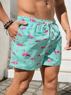 mint Green Casual Men's Swim Trunks Drawstring Stretch Flamingo Print
